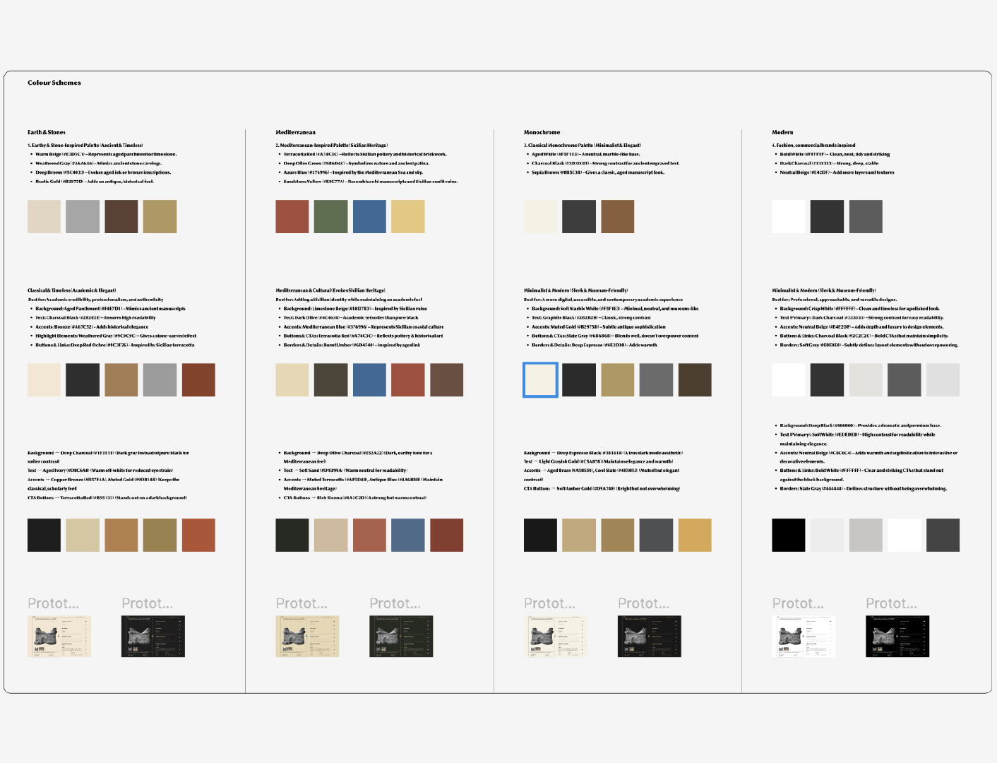 Design system colour palette options including earth tones, Mediterranean, monochrome, and modern schemes with accessibility considerations.