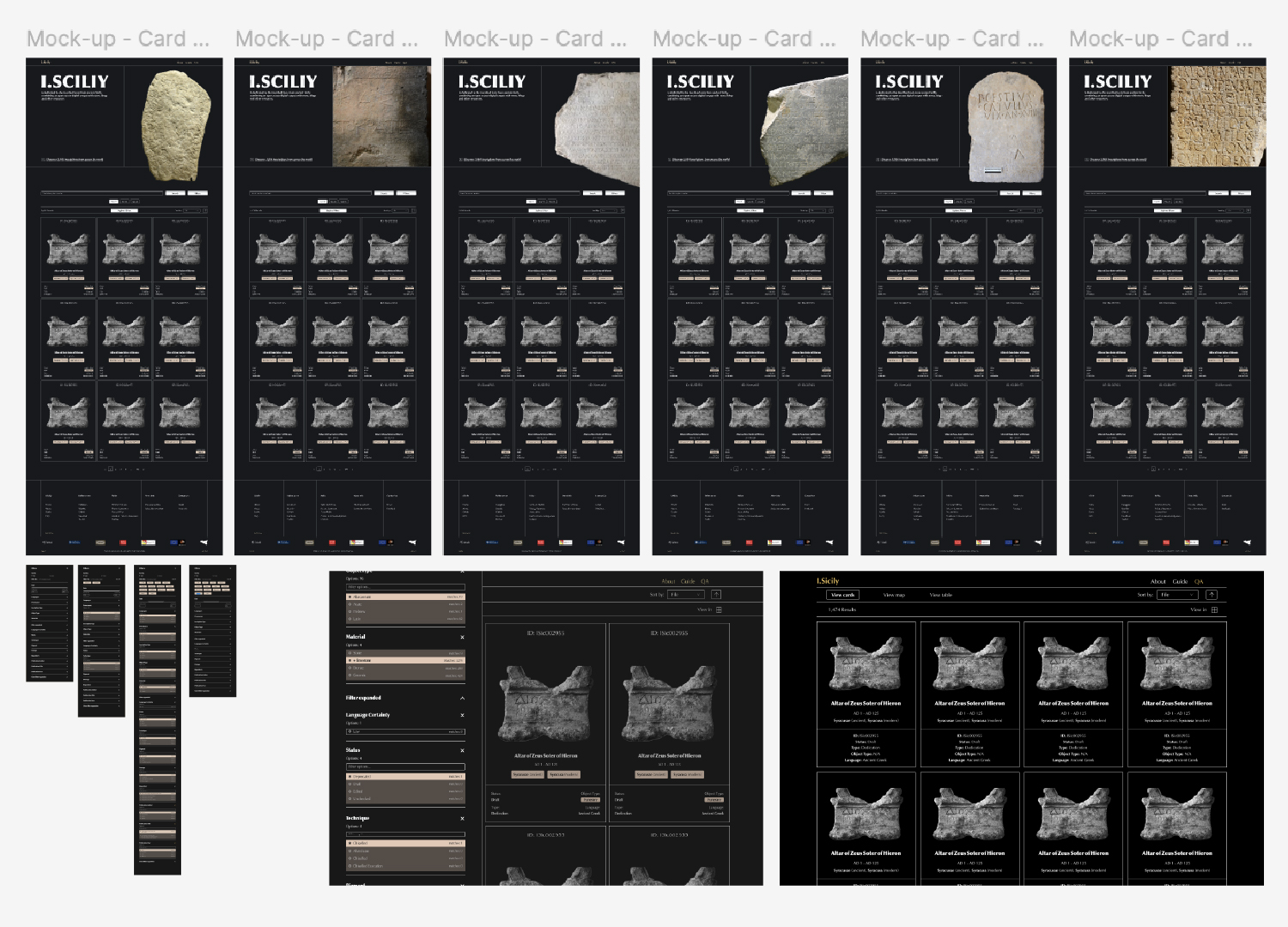 Mockups of homepage and search results with card-based inscription listings, filters, and sorting options across multiple layout variations