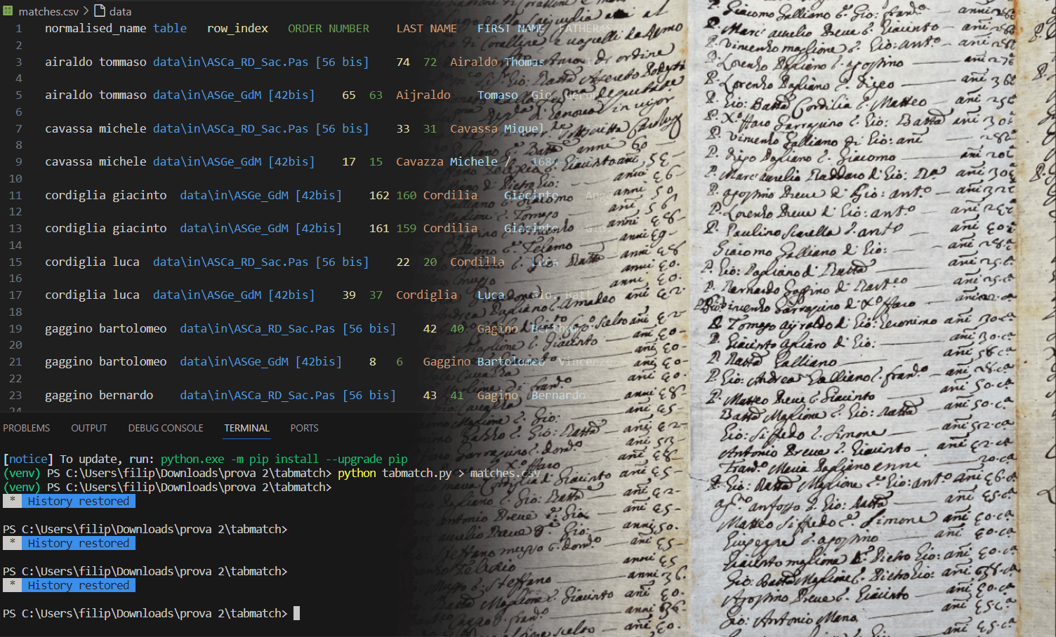 One set of visual data transformation with a code snippet in Python on the left and manuscripts on the right.