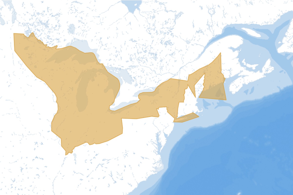 A shaded map highlighting a specific region in North America, covering parts of Quebec, Ontario, and the Atlantic provinces.