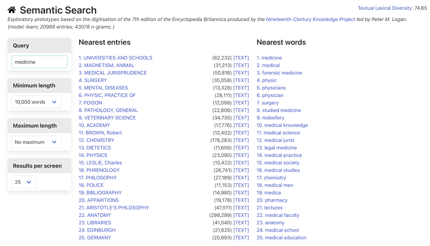 Interface with 3 columns: parameters for the search (query word or heading; minimum and maximum length; results per screen); list of nearest entries to the search with heading, lexical diversity metrics and link to the text of the corresponding entry; nearest words to the query.