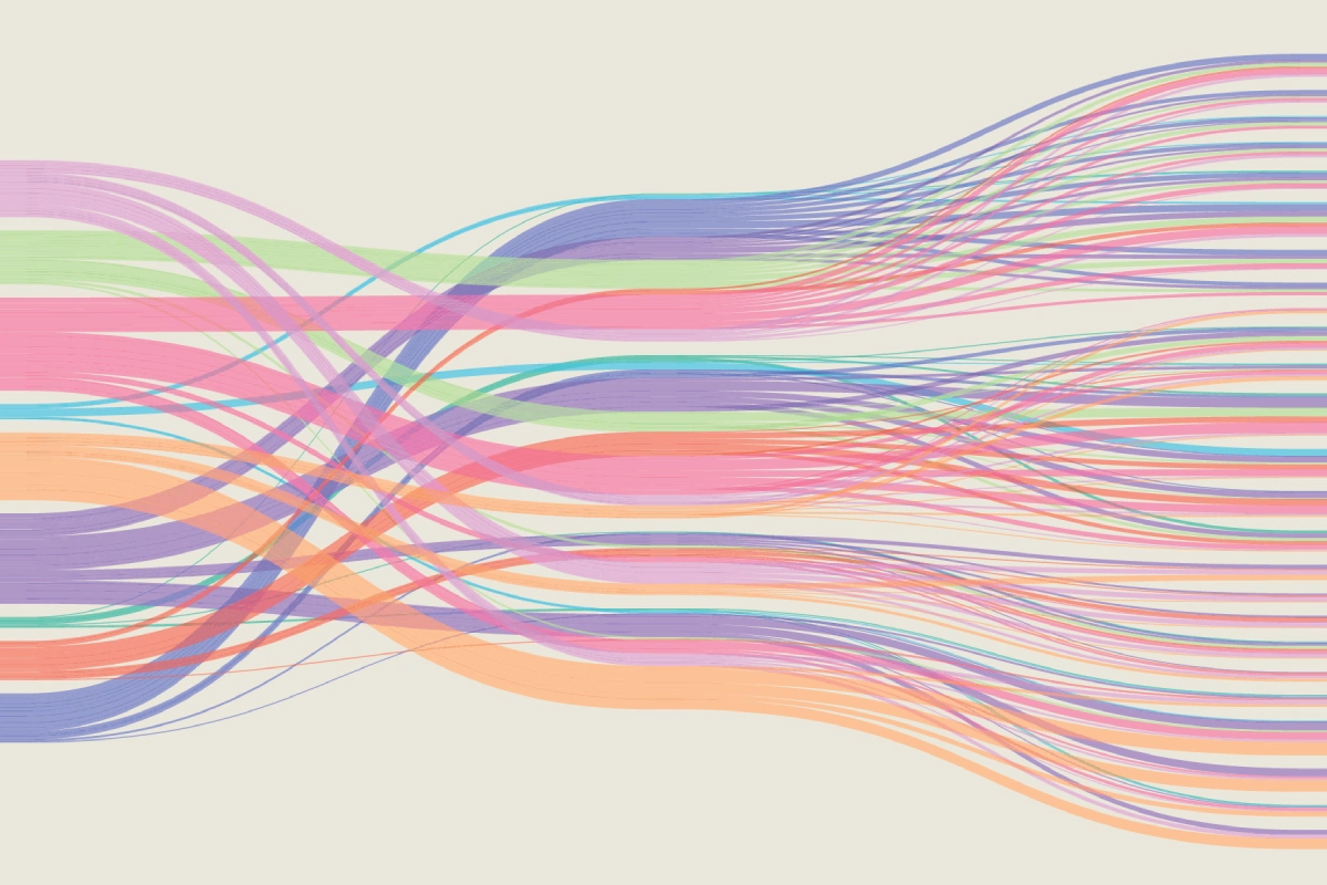 A simplified data visualisation with multicoloured lines flowing from left to right on a soft background.