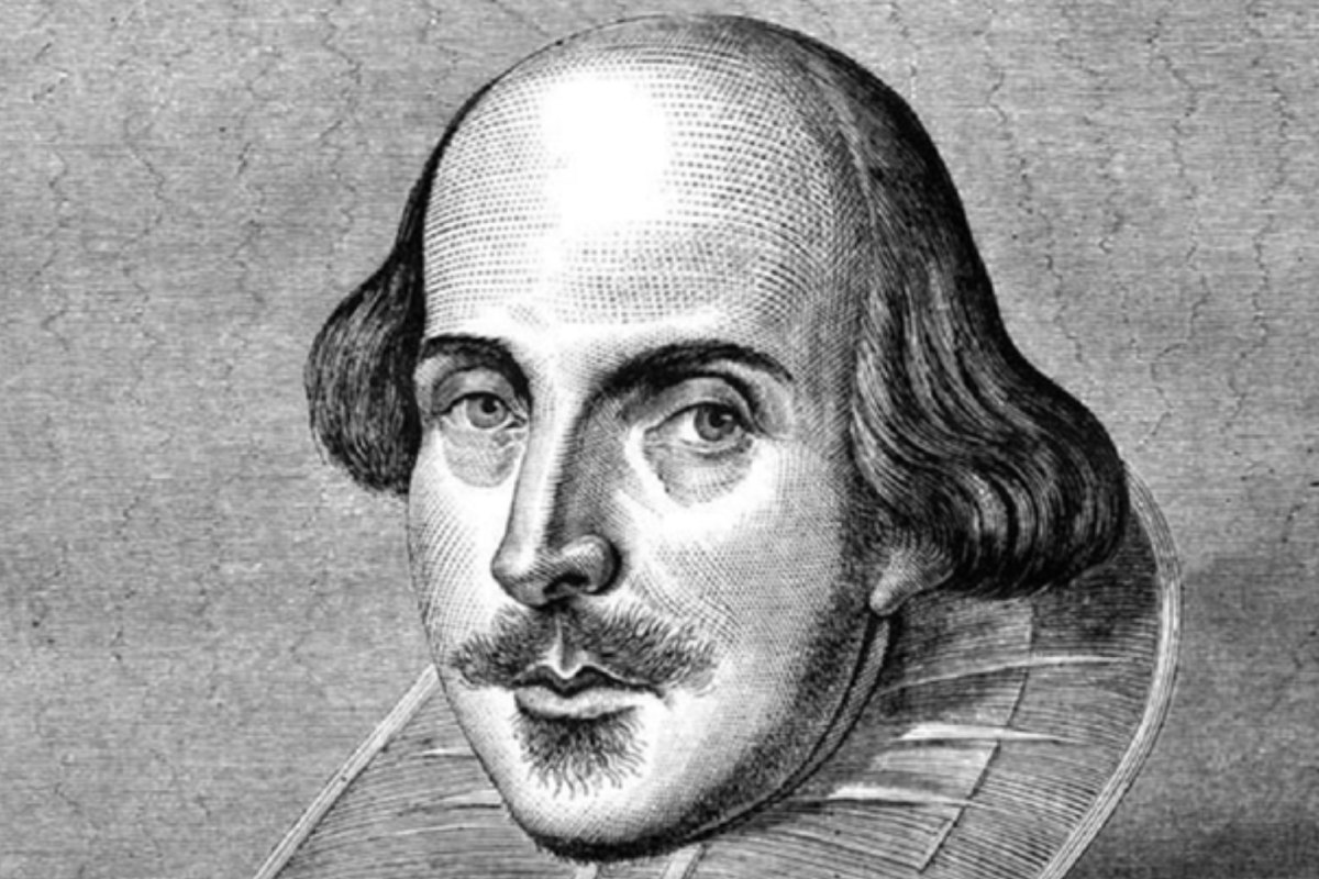 A black-and-white engraving of William Shakespeare with a mustache and a ruffled collar, drawn with fine lines and shading.