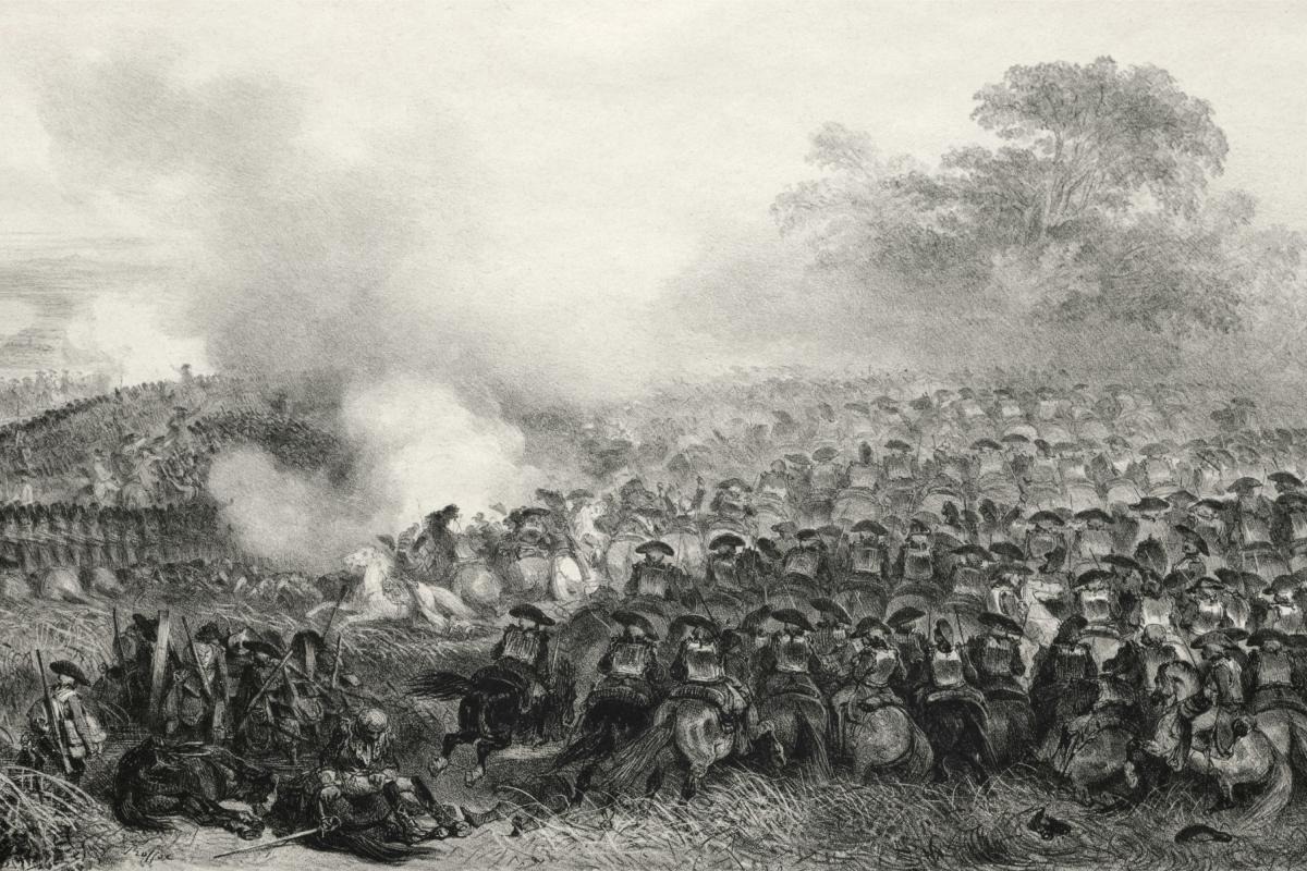 A historic black-and-white illustration of soldiers on horseback gathered on a battlefield, with smoke rising in the background.