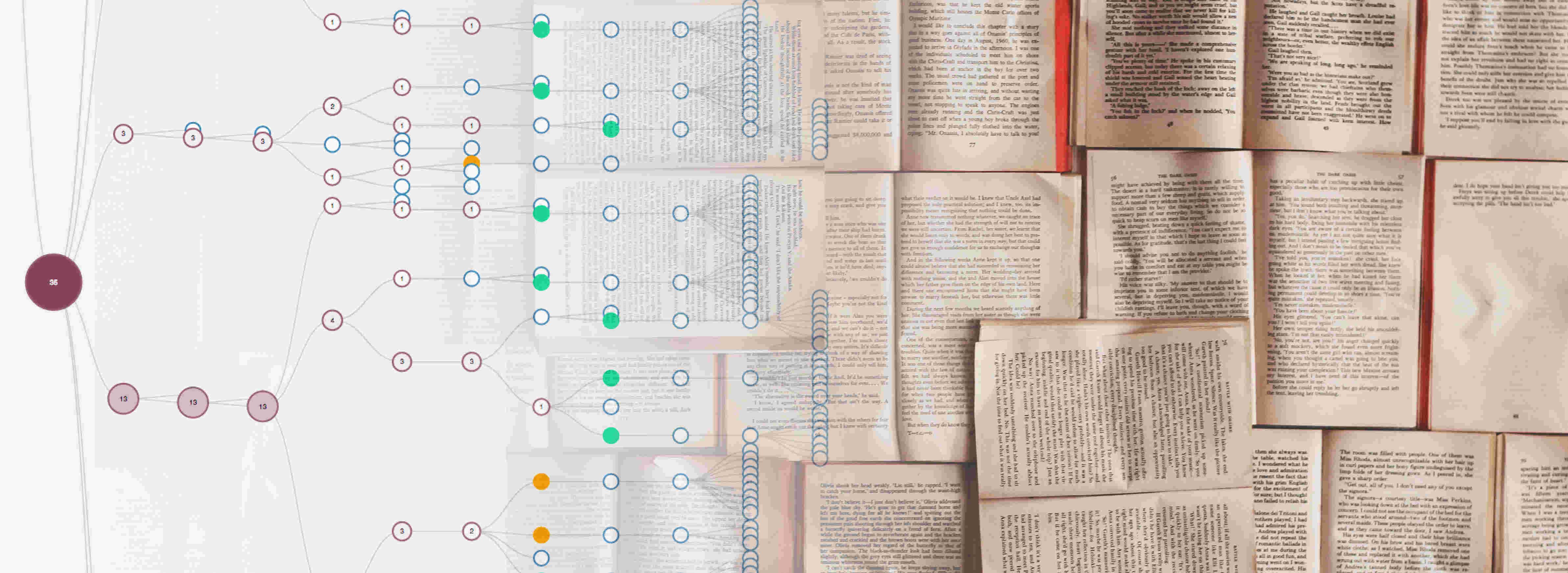 Screenshot of the project network visualization superimposed on a set of printed open book pages