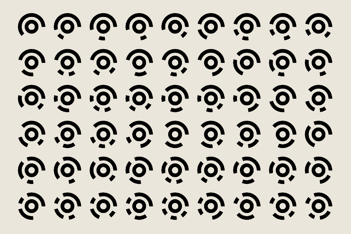 A grid of abstract circular symbols with segmented patterns in black on a light background.