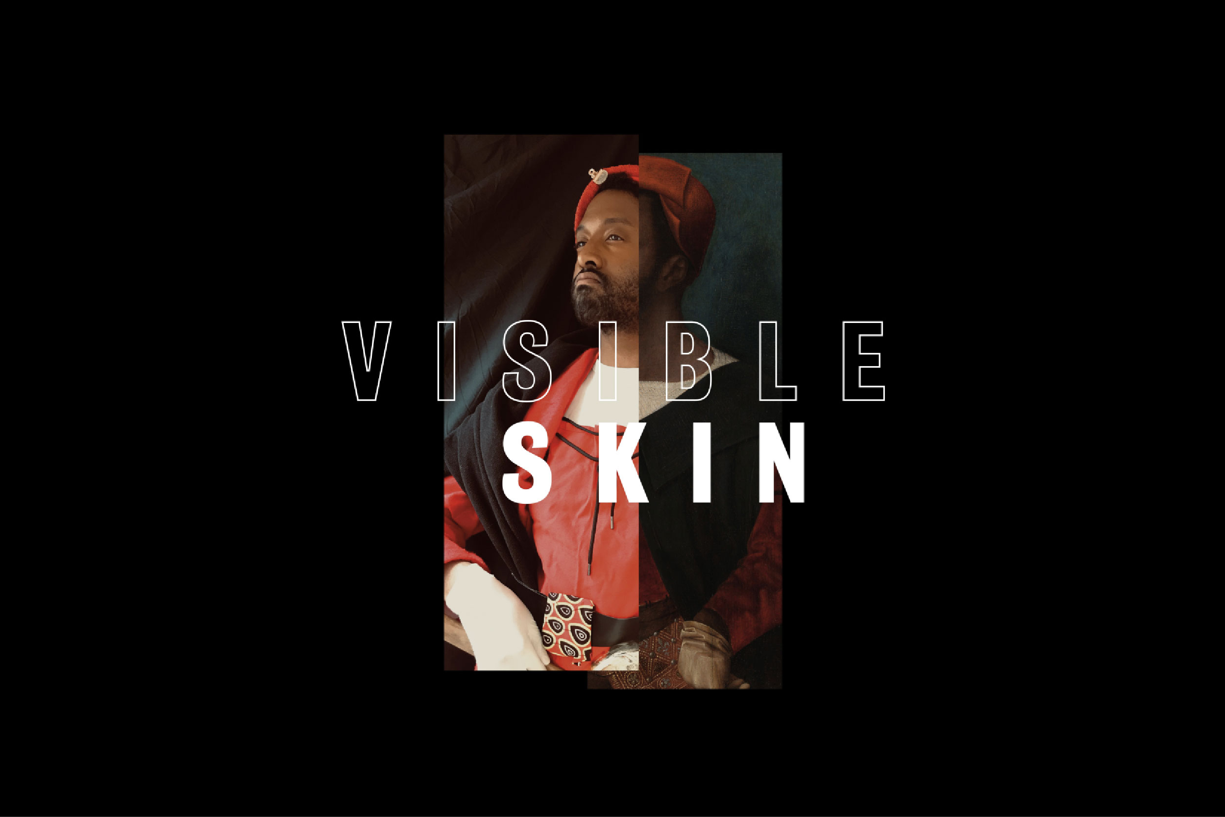 Digital promotional image for the Visible Skin exhibition, featuring a split-portrait of the artist, Peter Brathwaite, in historical attire on a black background.