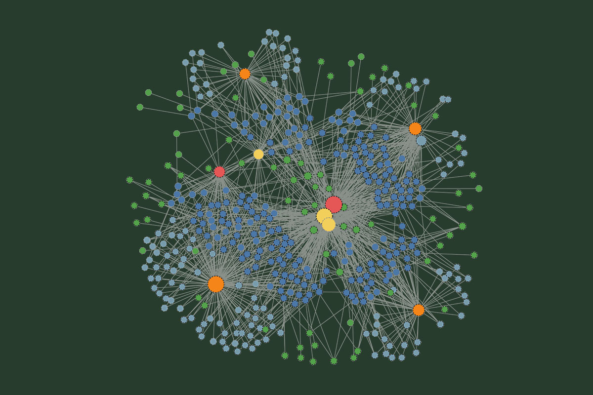 A dense network of multicoloured nodes connected by thin lines, forming an intricate web on a dark green background.