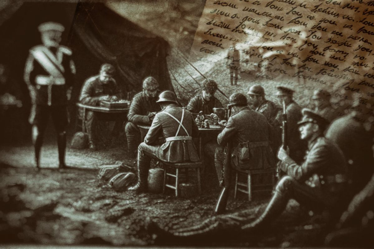 Sepia-toned image of soldiers gathered around a table in a wartime camp, overlaid with handwritten letters, evoking historical memory.