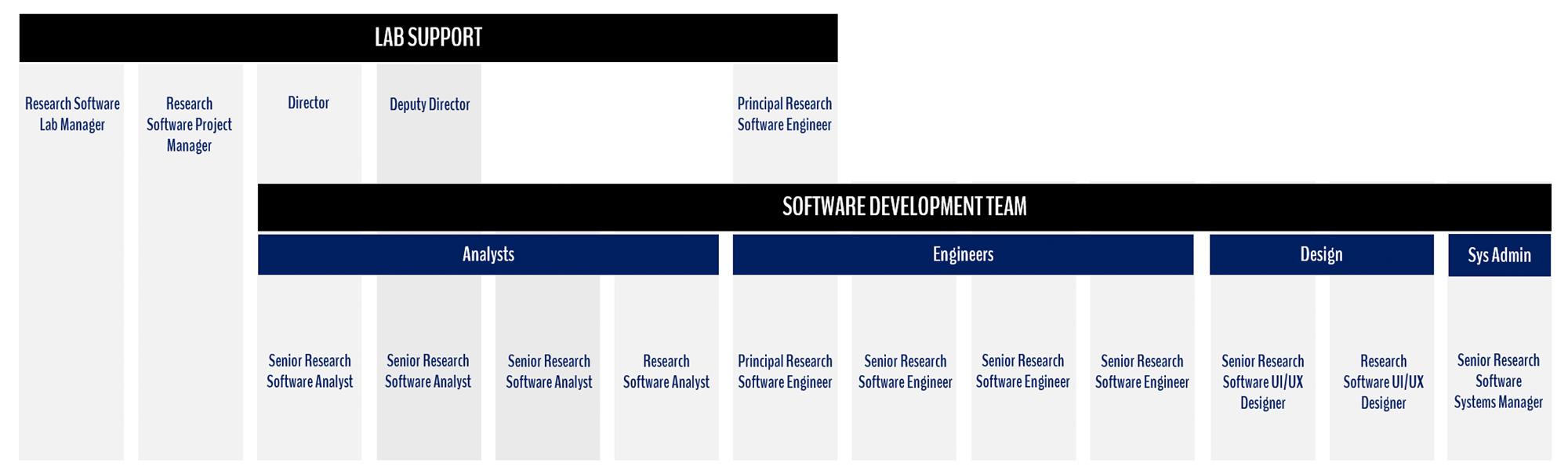 A diagram of team structure divided into 2 sections and broken down into roles