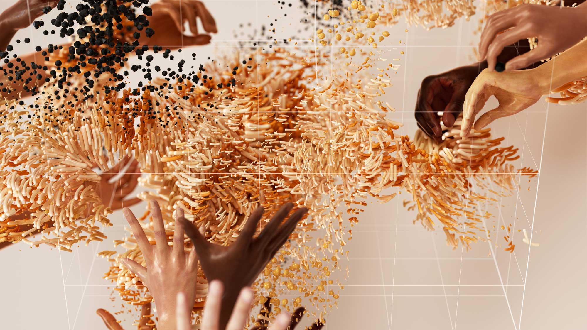 Hands of various skin tones interact with a dynamic, swirling mass of orange and black particles, symbolizing the collaborative and creative process in digital environments.
