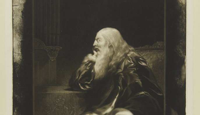 A three-quarter length portrait of the elderly George III. He is seated at a table with his chin propped on one hand, wrapped in an ermine-trimmed silk robe. His face is in profile. He has a long, untidy beard and long white hair.