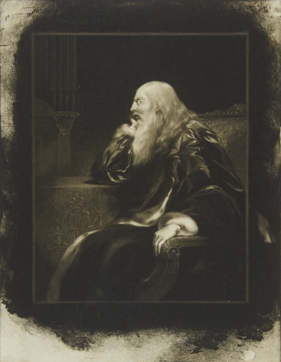 A three-quarter length portrait of the elderly George III. He is seated at a table with his chin propped on one hand, wrapped in an ermine-trimmed silk robe. His face is in profile. He has a long, untidy beard and long white hair.