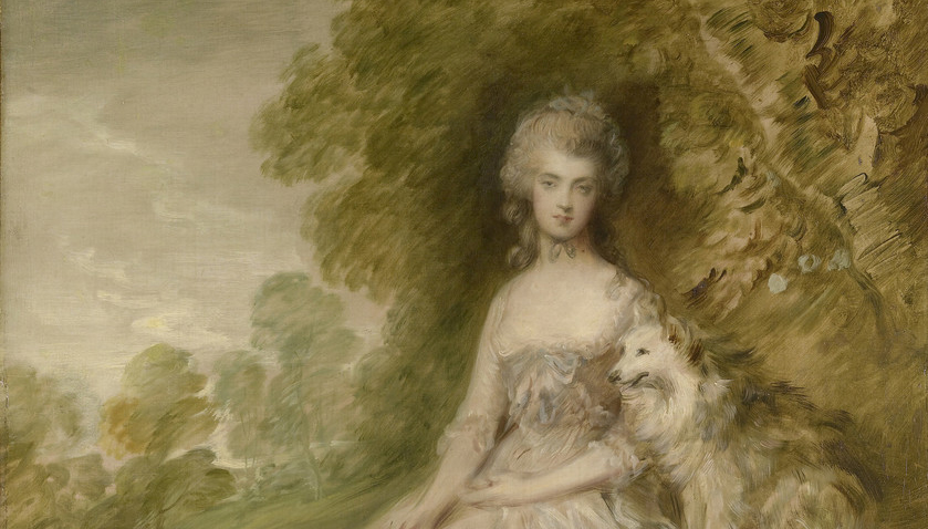 A woman sits on a grassy bank in front of a tree. She is very pale, with a serious expression. She wears a low-cut white dress with lace trim, a fichu across her breast, and blue ribbons on the bodice. Her hands are in her lap; one hand holds an object, too small to make out. On the right sits an alert fox dog with white fur. The background includes more trees and a cloudy sky.