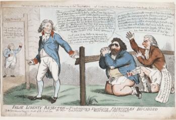 A comic print showing the Prince of Wales, standing, who gestures dismissively toward two kneeling men, Charles James Fox and Richard Brinsley Sheridan. He turns away from them toward the distant figure of King George III. The Prince wears a fashionable blue coat with red collar and cuffs, white waistcoat, breeches and stockings, and black buckled shoes. In a speech bubble, he says: 'I Know you not Vain Profligates. Fall to your prayers; how ill White hairs become a fool & a jester; I have long Dream'd of such kind of men, so surfeit swell'd Seditious and Profane; but being awake I do despise my dream, Know: the grave doth gape for such, thrice wider than for other men, Reply not to me with a fool born jest, Presume not that I am the thing I was, for heaven doth know, So shall the World perceive, that I have turn'd away my former self, so will I those that kept me company, when ye do hear I am as I have been approach me, & ye shall be as ye were the Tutors & the Feeders of my Riots; I will return to my Father & say unto him Father I have Sinned against heaven & in thy sight, and am no more worthy to be Called thy Son make me as One of thy Hired Servants.' Fox and Sheridan kneel behind a fence marked 'Hitherto shall ye go & no further.' Both are weeping and bare-legged; Fox is dark-haired and unshaven, wearing a blue coat with a rosette pinned to the pocket bearing the label 'Your affectionate brother, Egalité.' Sheridan has a red nose and powdered hair, and wears a brown coat. A letter spills from his pocket, reading '...after you have caused the same Disturbances in your country that we have long enjoyed here, fly to the Arms of your Dear Brother Condorcet.' A speech bubble attached to both men reads 'We have often Devised matter enough to keep him in Continual Laughter, the wearing out of Six fashions, which is four terms, or two Actions; & he has Laughed without Intervalliums, a lye with a strong Oath & a Jest with a Sad Brow, has done with a Fellow that never had the ache in his Shoulders, we have seen him Laugh, till his Face has been like a Cloak ill laid up.' On the far left, George III stands under a signpost labelled 'To the Treasury.' His costume is identical to that of the Prince. He says 'Bring hither the fatted calf, we will rejoice & make merry for I have found the Sheep that was lost.' The title is printed below: 'False Liberty Rejected or Fraternizing and Equalizing Principles Discarded: No more Coalitions with French Cut Throats.' Other lettering advertises this print as part of an exhibition of caricatures relating to the French Revolution, including a model guillotine. An annotation in pencil identifies the first kneeling figure as 'C J Fox.'