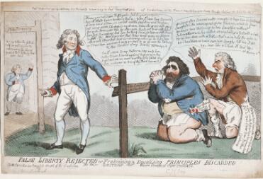 A comic print showing the Prince of Wales, standing, who gestures dismissively toward two kneeling men, Charles James Fox and Richard Brinsley Sheridan. He turns away from them toward the distant figure of King George III. The Prince wears a fashionable blue coat with red collar and cuffs, white waistcoat, breeches and stockings, and black buckled shoes. In a speech bubble, he says: 'I Know you not Vain Profligates. Fall to your prayers; how ill White hairs become a fool & a jester; I have long Dream'd of such kind of men, so surfeit swell'd Seditious and Profane; but being awake I do despise my dream, Know: the grave doth gape for such, thrice wider than for other men, Reply not to me with a fool born jest, Presume not that I am the thing I was, for heaven doth know, So shall the World perceive, that I have turn'd away my former self, so will I those that kept me company, when ye do hear I am as I have been approach me, & ye shall be as ye were the Tutors & the Feeders of my Riots; I will return to my Father & say unto him Father I have Sinned against heaven & in thy sight, and am no more worthy to be Called thy Son make me as One of thy Hired Servants.' Fox and Sheridan kneel behind a fence marked 'Hitherto shall ye go & no further.' Both are weeping and bare-legged; Fox is dark-haired and unshaven, wearing a blue coat with a rosette pinned to the pocket bearing the label 'Your affectionate brother, Egalité.' Sheridan has a red nose and powdered hair, and wears a brown coat. A letter spills from his pocket, reading '...after you have caused the same Disturbances in your country that we have long enjoyed here, fly to the Arms of your Dear Brother Condorcet.' A speech bubble attached to both men reads 'We have often Devised matter enough to keep him in Continual Laughter, the wearing out of Six fashions, which is four terms, or two Actions; & he has Laughed without Intervalliums, a lye with a strong Oath & a Jest with a Sad Brow, has done with a Fellow that never had the ache in his Shoulders, we have seen him Laugh, till his Face has been like a Cloak ill laid up.' On the far left, George III stands under a signpost labelled 'To the Treasury.' His costume is identical to that of the Prince. He says 'Bring hither the fatted calf, we will rejoice & make merry for I have found the Sheep that was lost.' The title is printed below: 'False Liberty Rejected or Fraternizing and Equalizing Principles Discarded: No more Coalitions with French Cut Throats.' Other lettering advertises this print as part of an exhibition of caricatures relating to the French Revolution, including a model guillotine. An annotation in pencil identifies the first kneeling figure as 'C J Fox.'