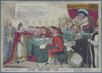 A comic print of a court scene. Several figures are grouped around tabled covered in green cloth. On the right, a woman (Queen Caroline) in a crown and a pink and white gown with a long train stands before the court; her head is in profile and one hand reaches out to the right. A speech bubble above her head says: 'Sir, I desire you do me right and justice, And to bestow your pity on me: for I am a most poor woman, and a stranger, Born out of your dominions; If, in the course And process of this time, you can report, And prove it too, against mine honour aught, My bond to wedlock or my Love and duty Against your sacred person, in God's name, Turn me away; - and so give me up To the sharpest kind of justice.' A white-haired man stands behind her, wearing a green waistcoat and blue coat with several chains of office around his neck. On a platform facing them is King George IV, dressed as Henry VIII in a blue plumed hat, ruff, ermine collar, and red and gold doublet. He sits under a curtained red and gold canopy, and drinks from a gold goblet; on the table in front of him is a glass bottle labeled 'Curacoo' and containing a pink liquid. To his right sits a man in a bishop's mitre, with a horrified expression. On the lower level three other men face the queen: two are dressed as Cardinals in red capes and wide-brimmed hats; the third wears a black coat, spectacles and a white periwig and writes on a large sheet of paper. Behind him, a further bishop is standing to attention. One of the cardinals has his foot on a document labelled 'Magna Carta'. In the bottom right corner, a large green sack bears a label saying 'A Green Bag: filled with, Spite Envy malice, Hatred Lies etc etc etc.' Below the image, the print's title ('King Henry VIII. Act II Scene IV') and publication details are printed. There is also a partial key identifying the figures of the King, Queen and Cardinal Wolsey, the names of the 'actors' are partially censored with asterisks, though not enough to make them incomprehensible.