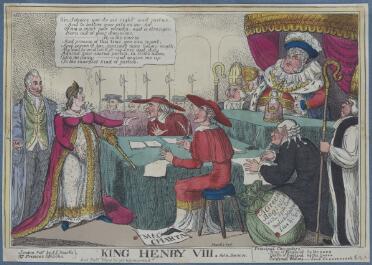 A comic print of a court scene. Several figures are grouped around tabled covered in green cloth. On the right, a woman (Queen Caroline) in a crown and a pink and white gown with a long train stands before the court; her head is in profile and one hand reaches out to the right. A speech bubble above her head says: 'Sir, I desire you do me right and justice, And to bestow your pity on me: for I am a most poor woman, and a stranger, Born out of your dominions; If, in the course And process of this time, you can report, And prove it too, against mine honour aught, My bond to wedlock or my Love and duty Against your sacred person, in God's name, Turn me away; - and so give me up To the sharpest kind of justice.' A white-haired man stands behind her, wearing a green waistcoat and blue coat with several chains of office around his neck. On a platform facing them is King George IV, dressed as Henry VIII in a blue plumed hat, ruff, ermine collar, and red and gold doublet. He sits under a curtained red and gold canopy, and drinks from a gold goblet; on the table in front of him is a glass bottle labeled 'Curacoo' and containing a pink liquid. To his right sits a man in a bishop's mitre, with a horrified expression. On the lower level three other men face the queen: two are dressed as Cardinals in red capes and wide-brimmed hats; the third wears a black coat, spectacles and a white periwig and writes on a large sheet of paper. Behind him, a further bishop is standing to attention. One of the cardinals has his foot on a document labelled 'Magna Carta'. In the bottom right corner, a large green sack bears a label saying 'A Green Bag: filled with, Spite Envy malice, Hatred Lies etc etc etc.' Below the image, the print's title ('King Henry VIII. Act II Scene IV') and publication details are printed. There is also a partial key identifying the figures of the King, Queen and Cardinal Wolsey, the names of the 'actors' are partially censored with asterisks, though not enough to make them incomprehensible.