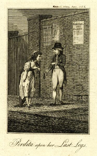 The Prince of Wales and Mary Robinson meet on the pavement near a gate in a high brick wall. He wears a tailcoat, white breeches, and stockings, and offers her a purse. She wears a dress that has worn to rags and stands with stooped posture, gesturing towards her feet. Three playbills are pasted to the wall behind them; two titles are visible, they are 'Jane Shore' and 'Florizel and Perdita'. Below the image, the title is printed: 'Perdita upon her Last Legs.'