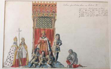A watercolour sketch of several actors in costume, grouped around an elaborate throne with blue-carpeted pedestal, red curtained back and a patterned red and gold canopy. On the throne, the king wears a long red robe with blue, ermine-lined cloak and a gold crown. To his left and at his feet are four boys wearing identical dark blue and white tunics, stockings and hats, with gold trim. Two bearded men in bishops’ robes and mitres, carrying crosiers, stand to the left of the image. On the right of the image, a man in chainmail and breastplate kneels, his helmet in one hand. The handwritten caption in the top right-hand corner reads: ‘Tableau from the last Scene in Richard 2d. Represents Bolingbroke as King Henry the 4th, the Prince of Wales, & 3 Younger Princes. The Archbishops of York & Canterbury - & Sir Pierce of Exton the assassinator of King Richard.’