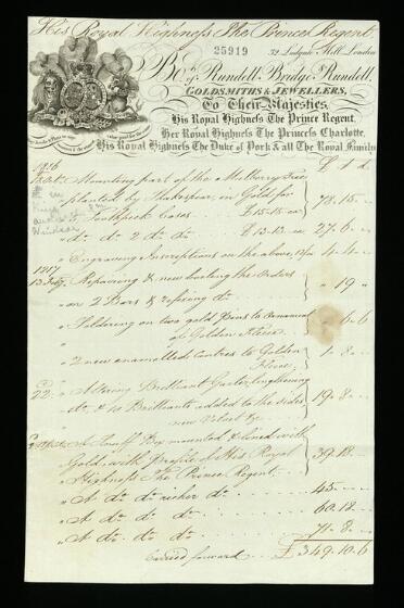 A handwritten bill, with a printed heading. In the top right corner is a coat of arms including a crown, a lion and unicorn, and topped with three feathers, showing the business's royal connections. The printed header readers: "32 Ludgate Hill London. Bo[ugh]t of Rundell Bridge & Rundell, Goldsmiths & Jewellers, To Their Majesties, His Royal Highness the Prince Regent, Her Royal Highness The Princess Charlotte, His Royal Highness the Duke of York & all the Royal Family." The number 25919 is stamped just above. Handwritten at the top of the page is the addressee, "His Royal Highness the Prince Regent." The rest of the page consists of a handwritten itemised list of purchases: "1618 18 Oct. Mounting part of the Mulberry Tree planted by Shakespear in Gold for 5 Toothpick boxes £15.15.00. [Ditto] 2 [ditto] £13.13.00. Engraving Inscriptions on the above 12/00. 1817 13 Feby Repairing & new boiling the Orders. [ditto] on 2 Bars & remixing [ditto]. Soldering on two golds pins to [?] of Golden Fleece. 2 new enamelled centres to Golden Fleece. 22 [Feby] Altering Brilliant Garter lengthening ditto & 10 Brilliants added to the sides, new [?] etc. 6 April A Snuff Box mounted & lined with Gold with profile of His Royal Highness the Prince Regent." The sums are listed on the right hand side and the total at the bottom carried forward is £349 10s 6d. A pencil note below '18 Oct' reads "in King's Audience Rm Windsor."