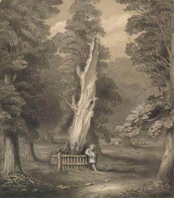A black-and-white lithograph of a dead tree, its trunk bleached pale. A fence surrounds the base of the trunk, and a fat man leans against it, wearing Elizabethan costume including a ruff and hat. At his feet are a pair of antlers. The scene is surrounded by younger, living trees, and a few deer in the background.