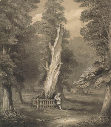 A black-and-white lithograph of a dead tree, its trunk bleached pale. A fence surrounds the base of the trunk, and a fat man leans against it, wearing Elizabethan costume including a ruff and hat. At his feet are a pair of antlers. The scene is surrounded by younger, living trees, and a few deer in the background.